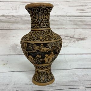 Chinese Inspired Hand Carved Vase Landscape scenes People Floral Scroll